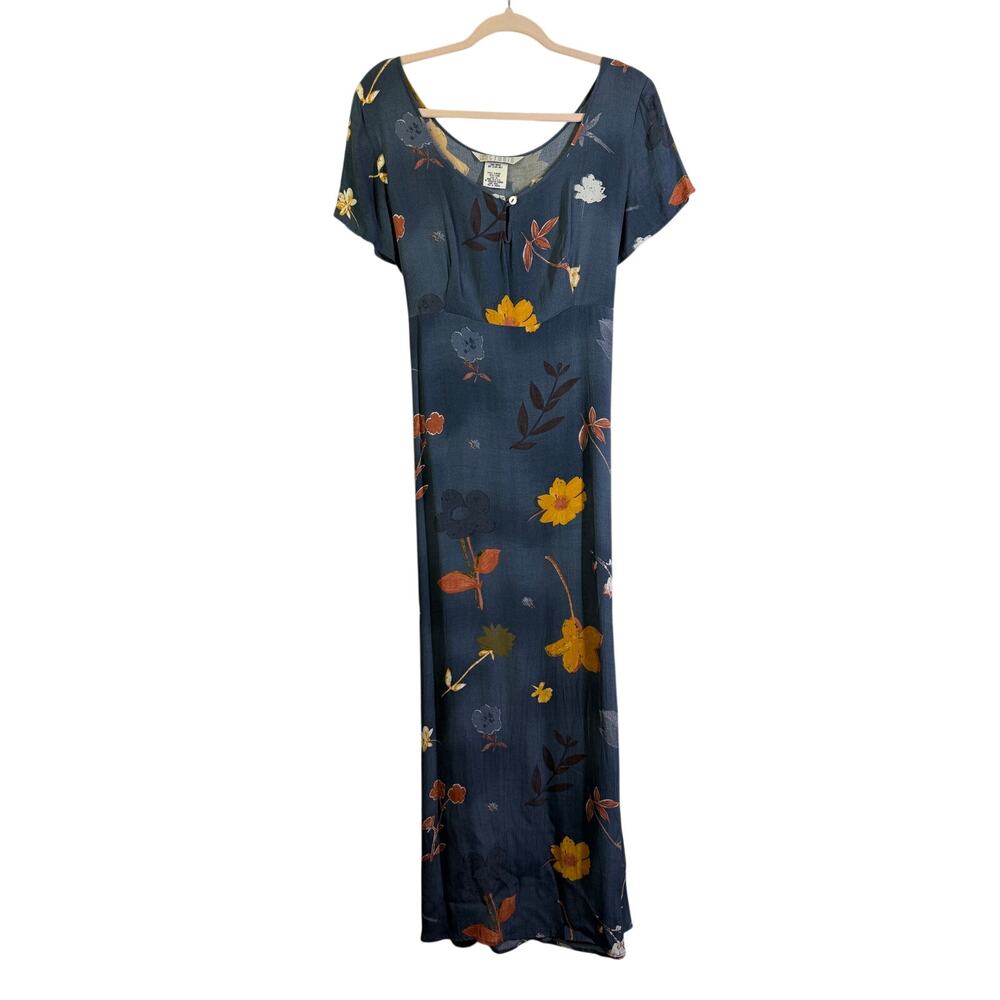 JM‎ STUDIO Dress 10 Vintage 90's Maxi Slate Blue Vibrant Retro Floral Empire Y2K